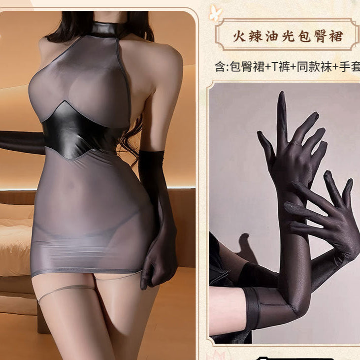 Image of That's right, the night erotic lingerie, sexy patent leather splicing, see-through hip skirt, uniform, secretary suit, tight pajama girl